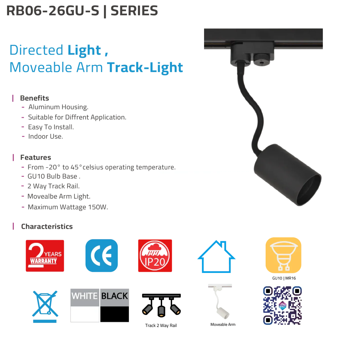 Ultralight Classic Track Light GU10 - Moveable Arm Indoor Spot Light (RB06-26GU-S) - Image 3