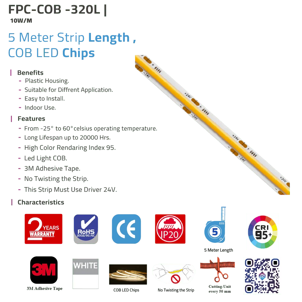 COB LED Strip Light 24V 10W/M - 5 Meter & CRI>95 (FPC-COB -320P) - Image 7