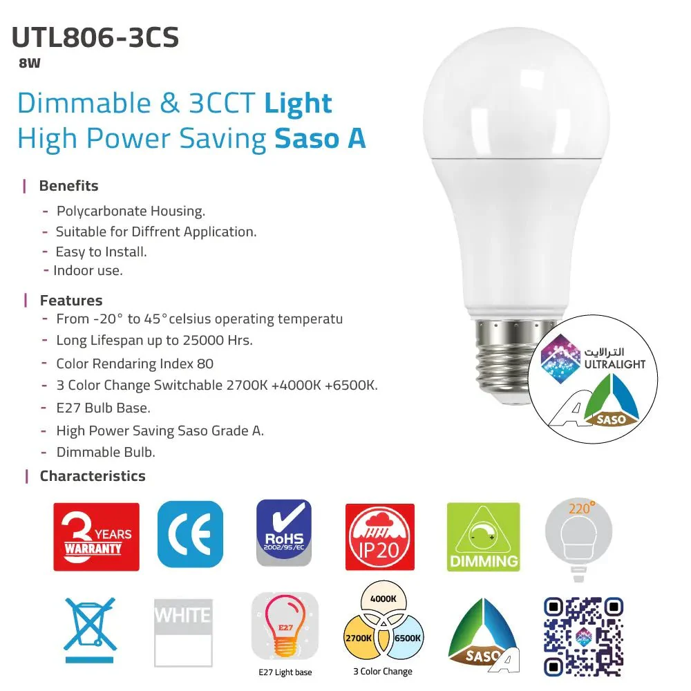 Dimmable LED Light Bulb 8W - 3CCT Light & SASO A (UTL806-3CS) - Image 10