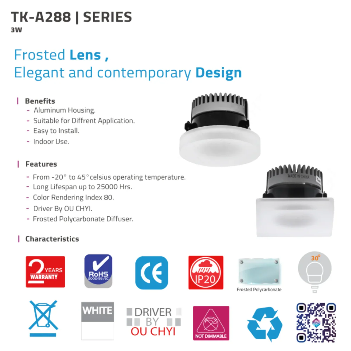 LED Down Light 3W (TK-A288-SQ) – Recessed LED Light with Frosted Diffuser - Warm White - Image 6