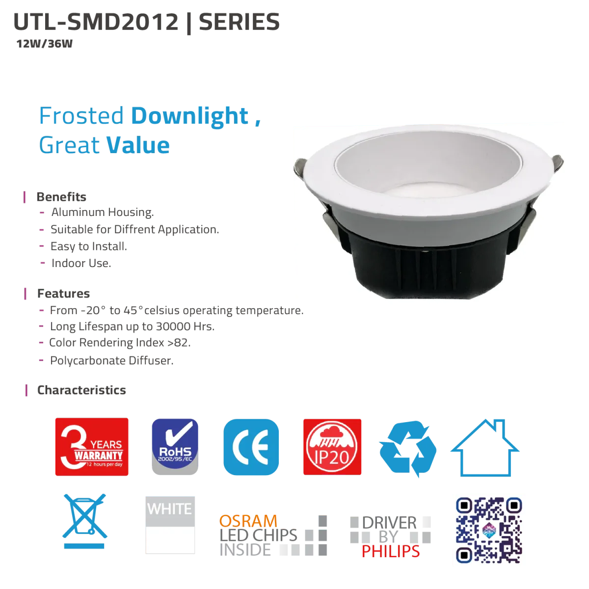 LED DOWN LIGHT (UTL-SMD2012) – Frosted Recessed Ceiling Light with OSRAM LED Chips & PHILIPS Driver - Image 5
