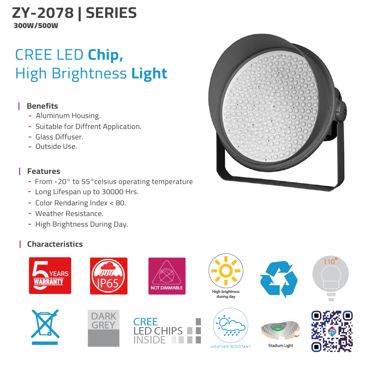 LED Flood Light IP65 (ZY-2078) – 300W/500W Outdoor Stadium Light with CREE Chips - Image 3