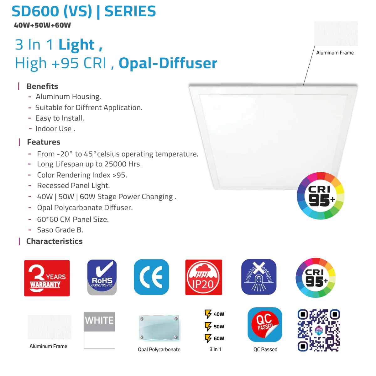 LED PANEL LIGHT (SD600 VS) – 3 Power Change 40W+50W+60W, High CRI>95, 3 Years Warranty - Image 7