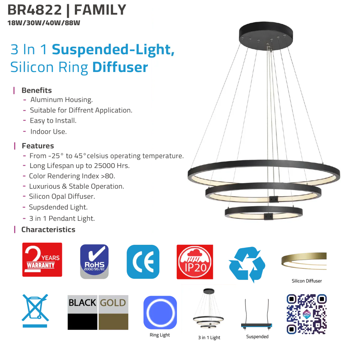 LED Pendant Light (BR4822) – 3-in-1 Suspended Modern Chandelier with Silicon Ring Diffuser - Image 10