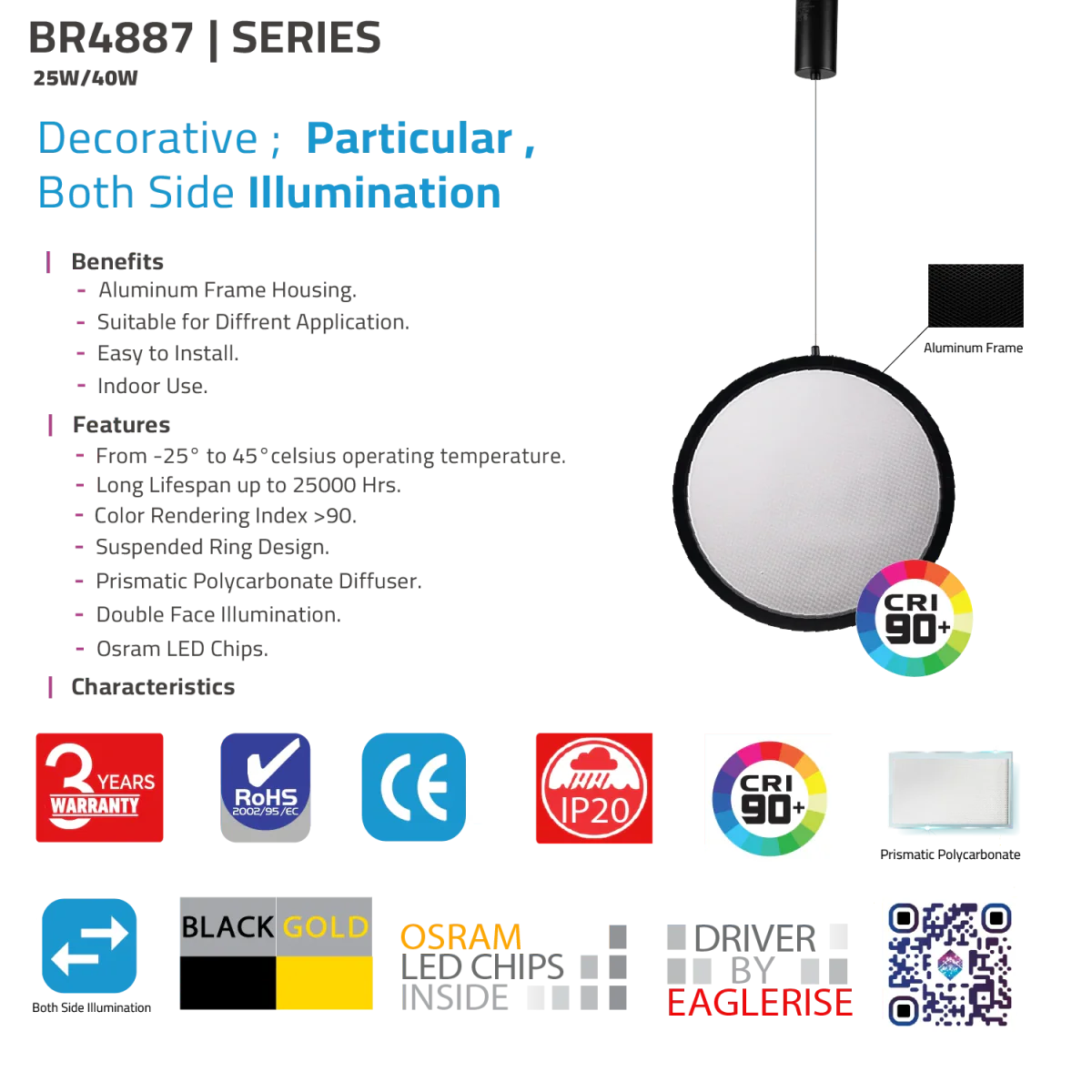 LED Pendant Light (BR4887) – Decorative Double-Sided Illumination with Elegant Design, High CRI >90, and Prismatic Diffuser - Image 11
