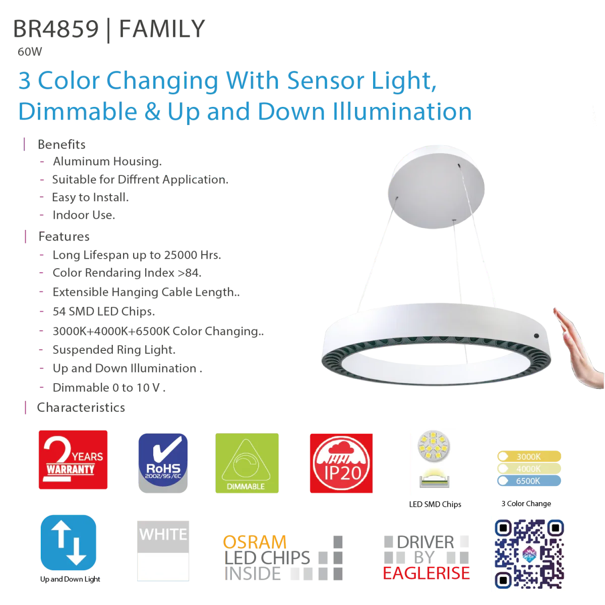LED Pendant Light with Sensor - Dimmable & Up and Down illumination (BR4859) - Image 7