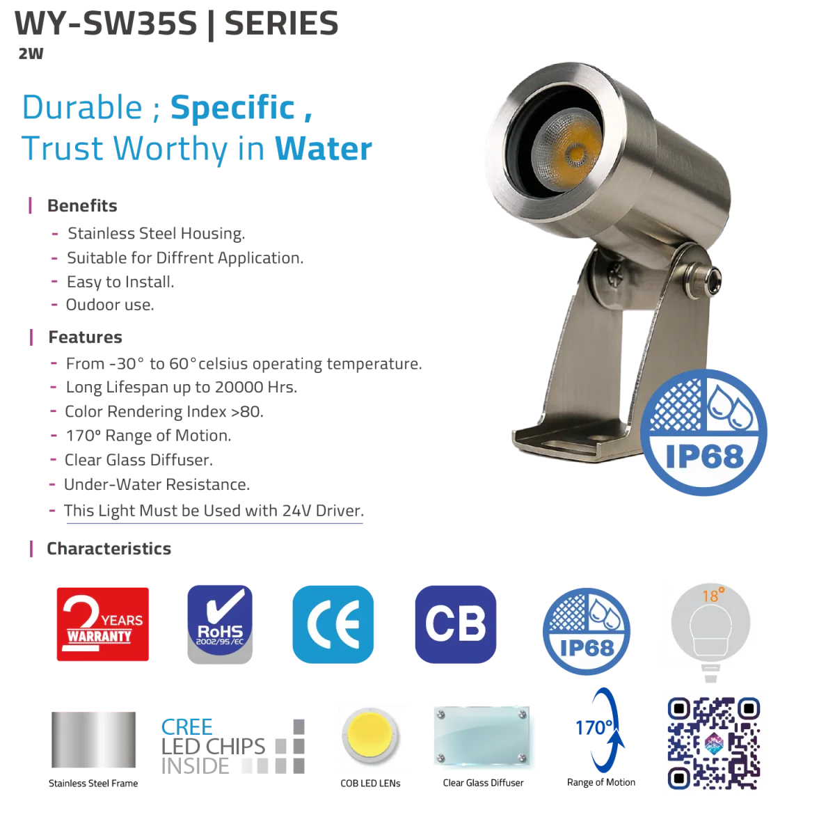 LED Underwater Light 2W 24V (WY-SW35S) – Durable - IP68 Waterproof - Image 4