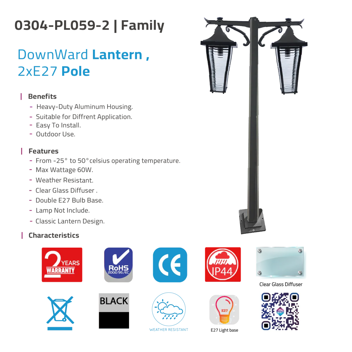 Outdoor Pole Light with Dual Classic Lanterns (0304-PL059-2) - 2.5 Meters - IP44 Weather-Resistant - 2xE27 Bulb Bases - Image 6