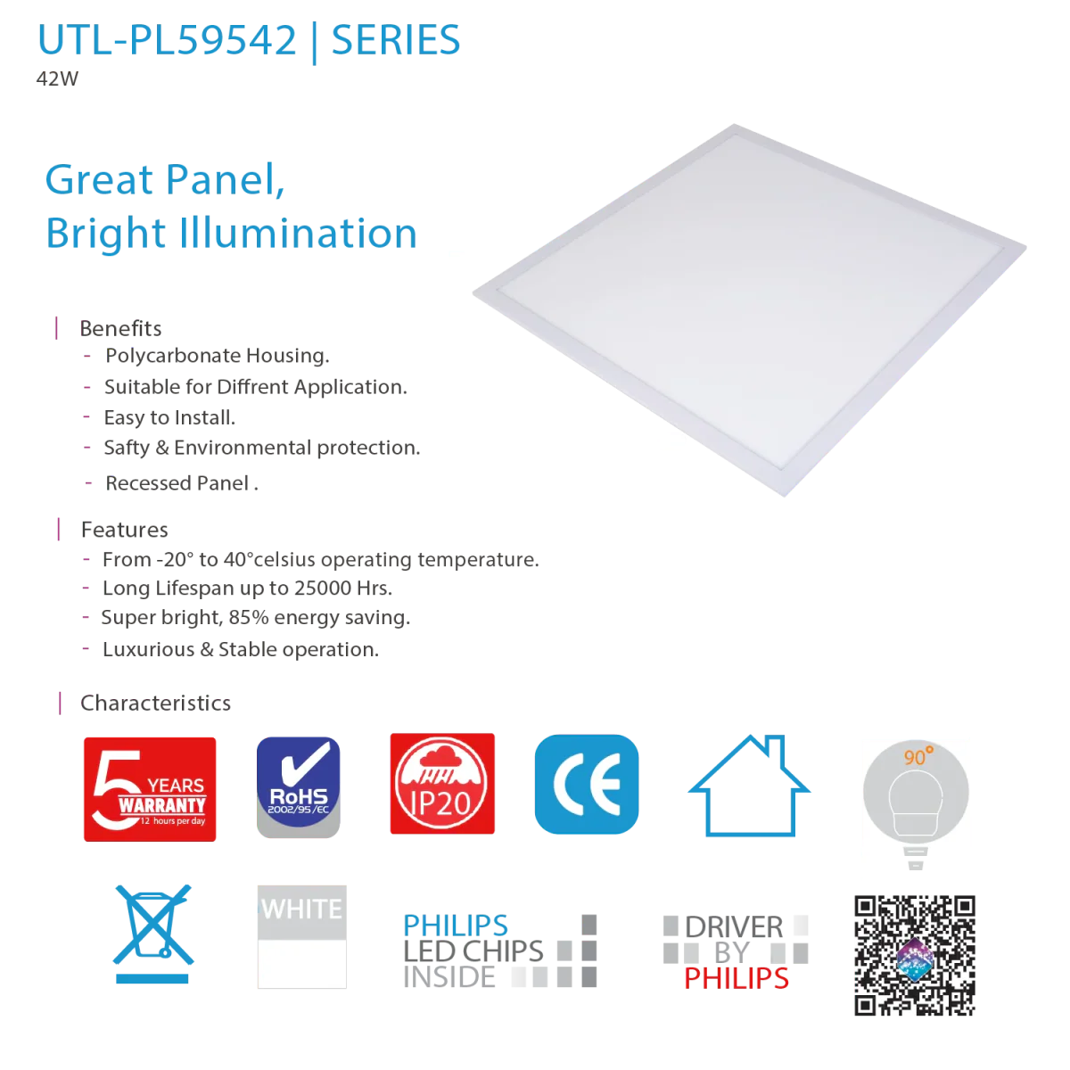 Ultralight 60x60 LED Panel Light 42W - 5-year warranty (WL-PL59542) - Image 3