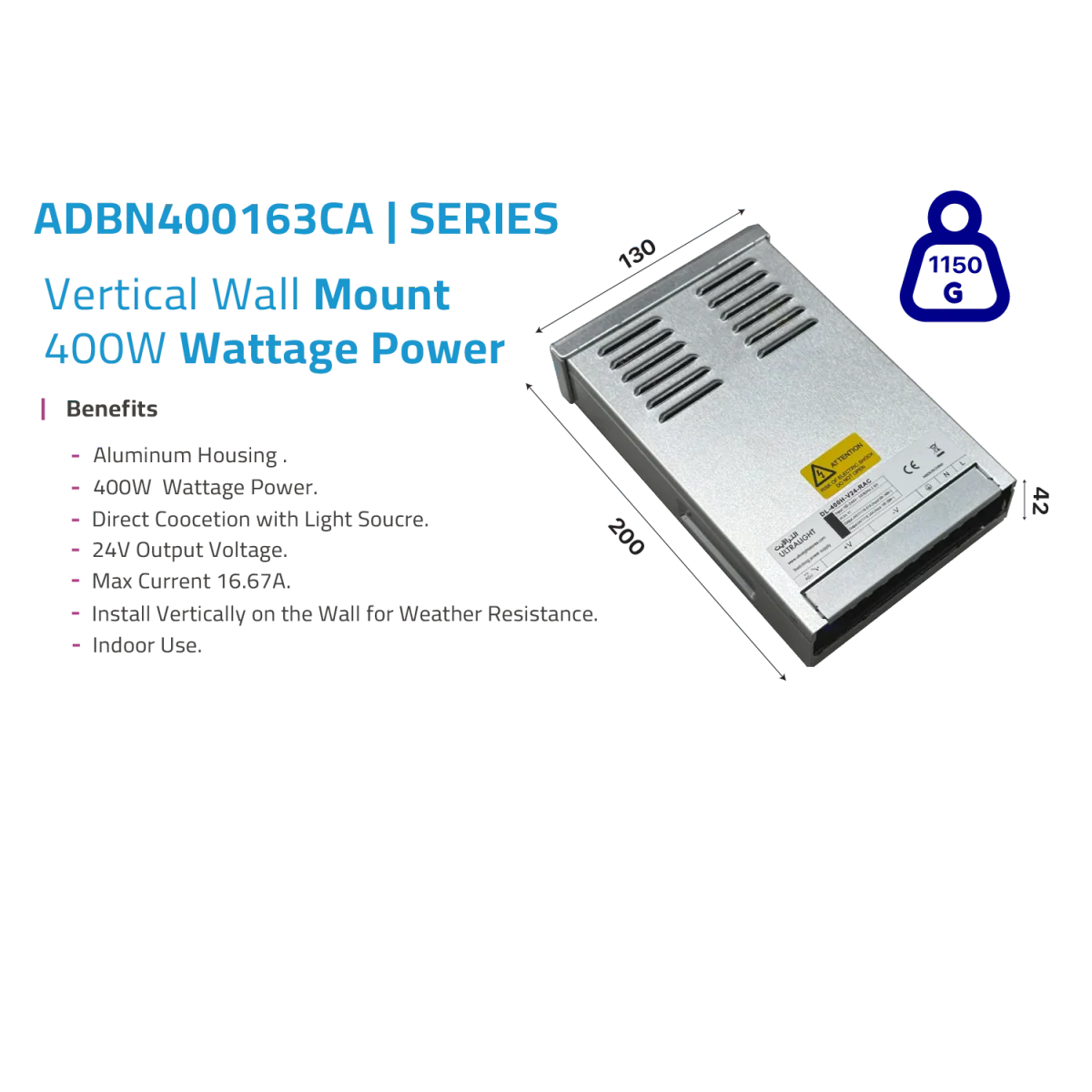 Power Supply 400W 24V for High-Powered LED Systems (ADBN400163CA) - Image 2