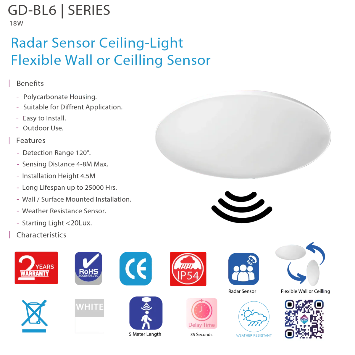 Radar Sensor Ceiling Light 18W – Motion Detection, Weatherproof (GD-BL6) - Image 6