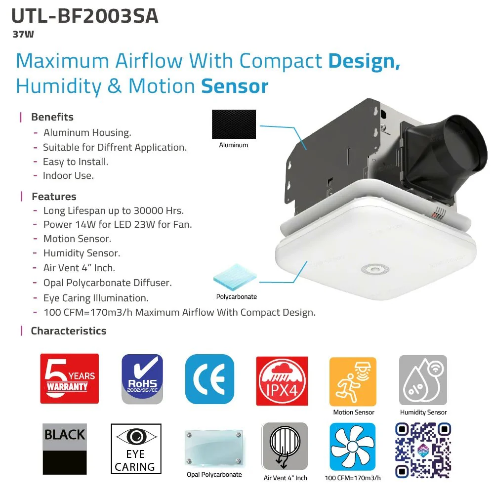 Bathroom Exhaust Fan with Light Motion & Humidity Sensor (UTL-BF2003) - Image 11