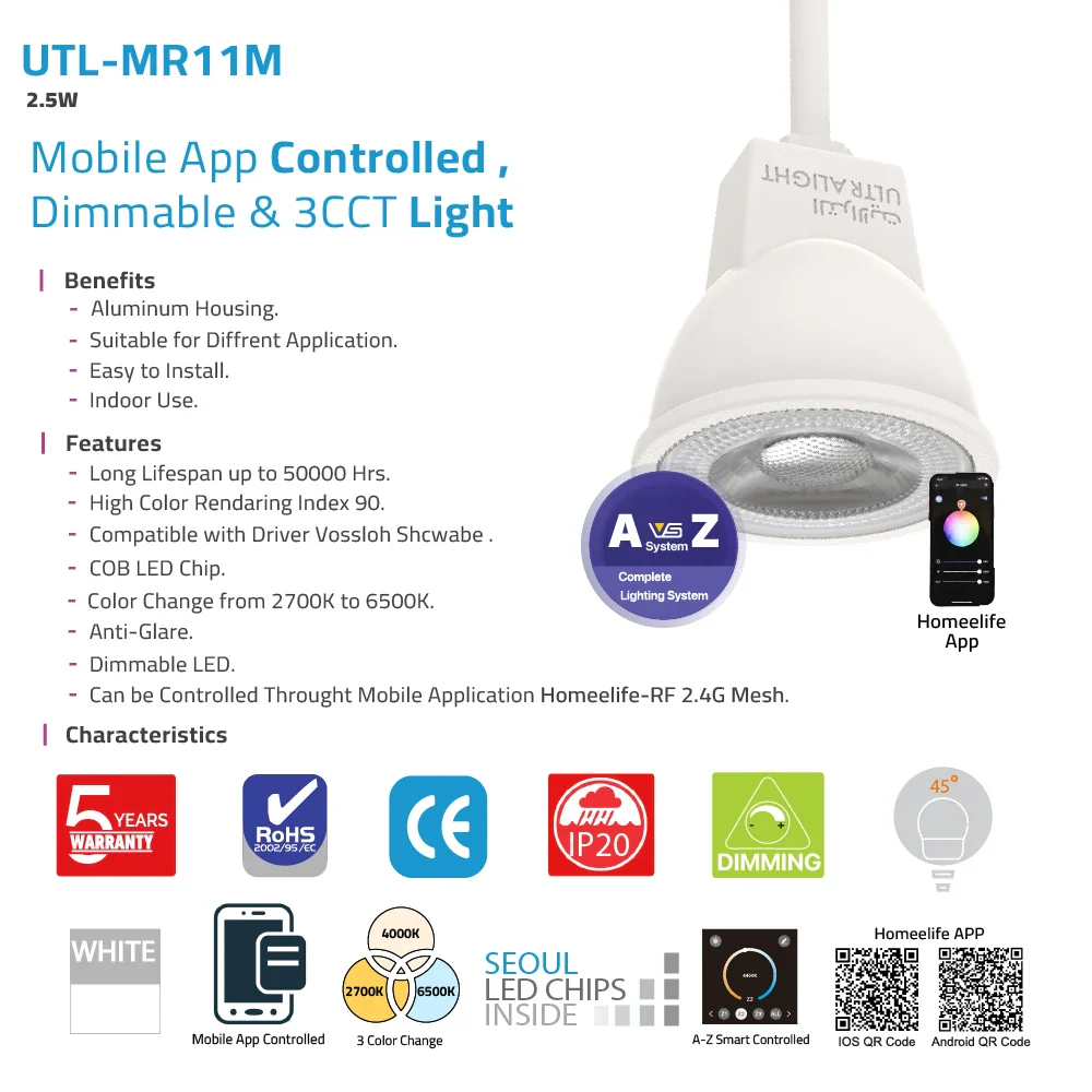 Smart MR11 Bulb Light 24V 2.5W & Mobile App Controlled (UTL-MR11M) - Image 3