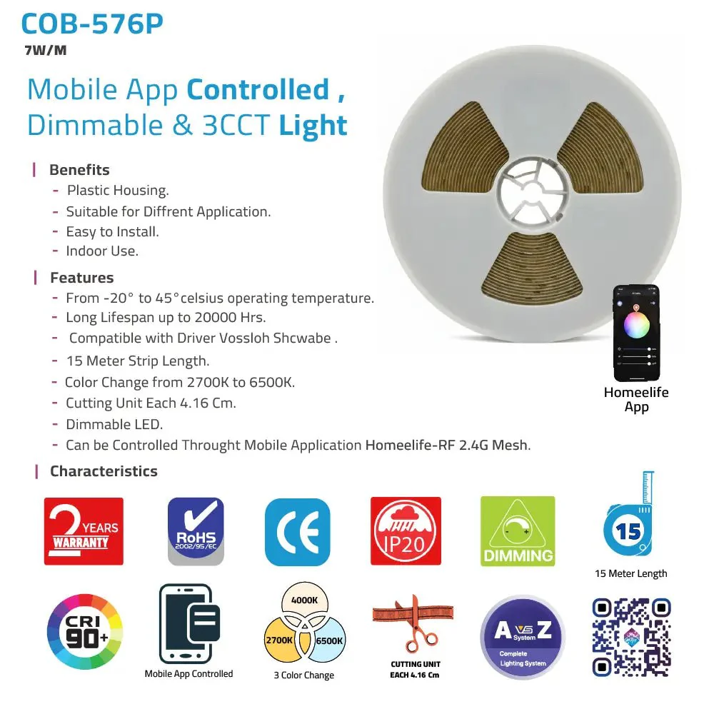 Smart Indoor Strip Light 15M 7W/M - Mobile App Controlled (COB-576P) - Image 7
