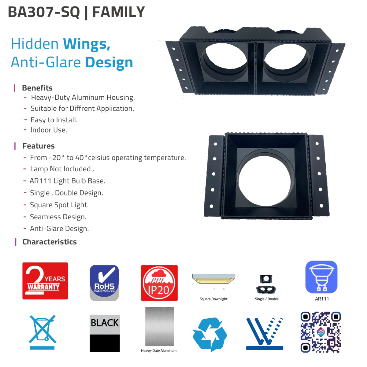 SPOT LIGHT FRAME Square 14cm (BA307-SQ) – Anti-Glare – AR111 Base – Elegant Indoor Lighting - Image 6