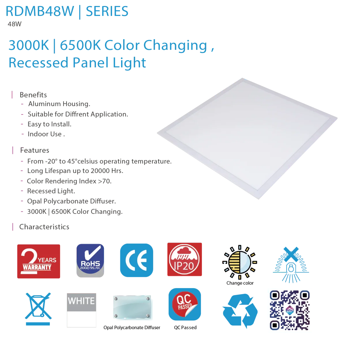 Ultra Light 60×60 Panel Light (RDMB48W) – 48W & Dual Color (3000K+6500K) - Image 6