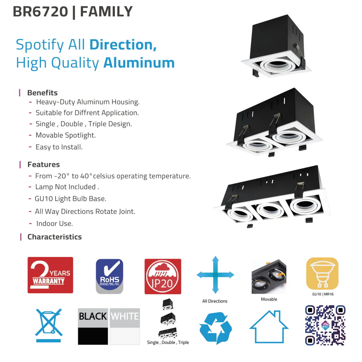 Ultra Light Adjustable Spot Light Frame - GU10 (BR6720) - Image 6