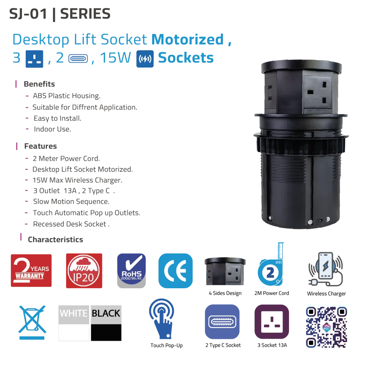 Ultra Light Motorized Desktop Socket with Wireless Charging and Sensor (SJ-01) - Image 5