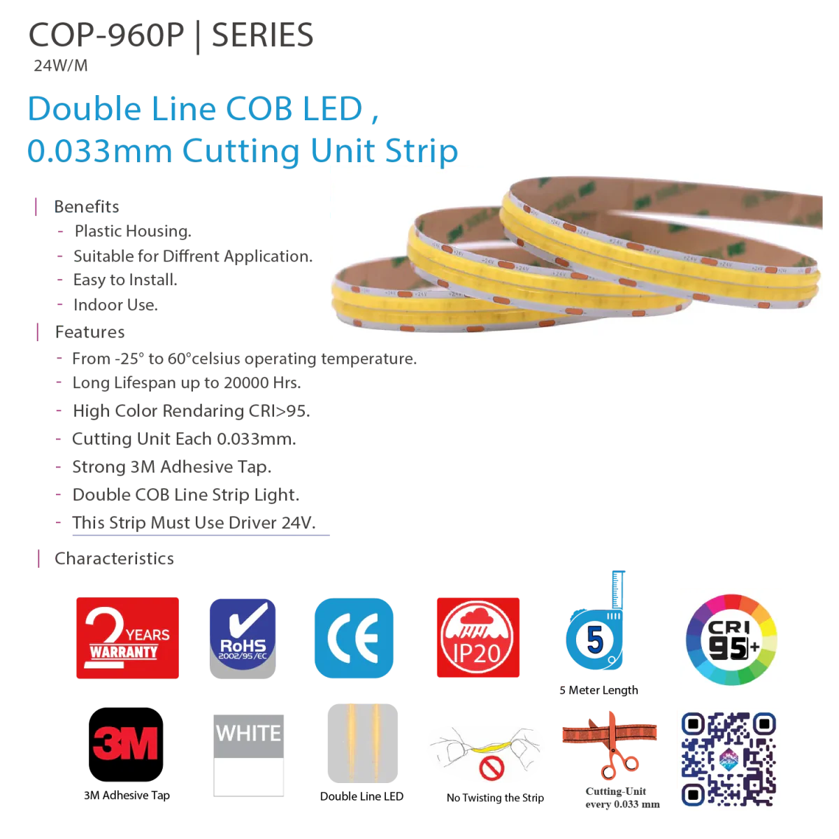 Ultra Light Double Line COB LED Strip Light 24W/m – 5M, High CRI >95 (COB-960p) - Image 6