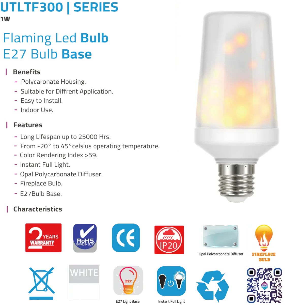 Ultra Light Flaming LED Bulb E27 1W (UTLTF300) – Decorative Fireplace Light - Image 4