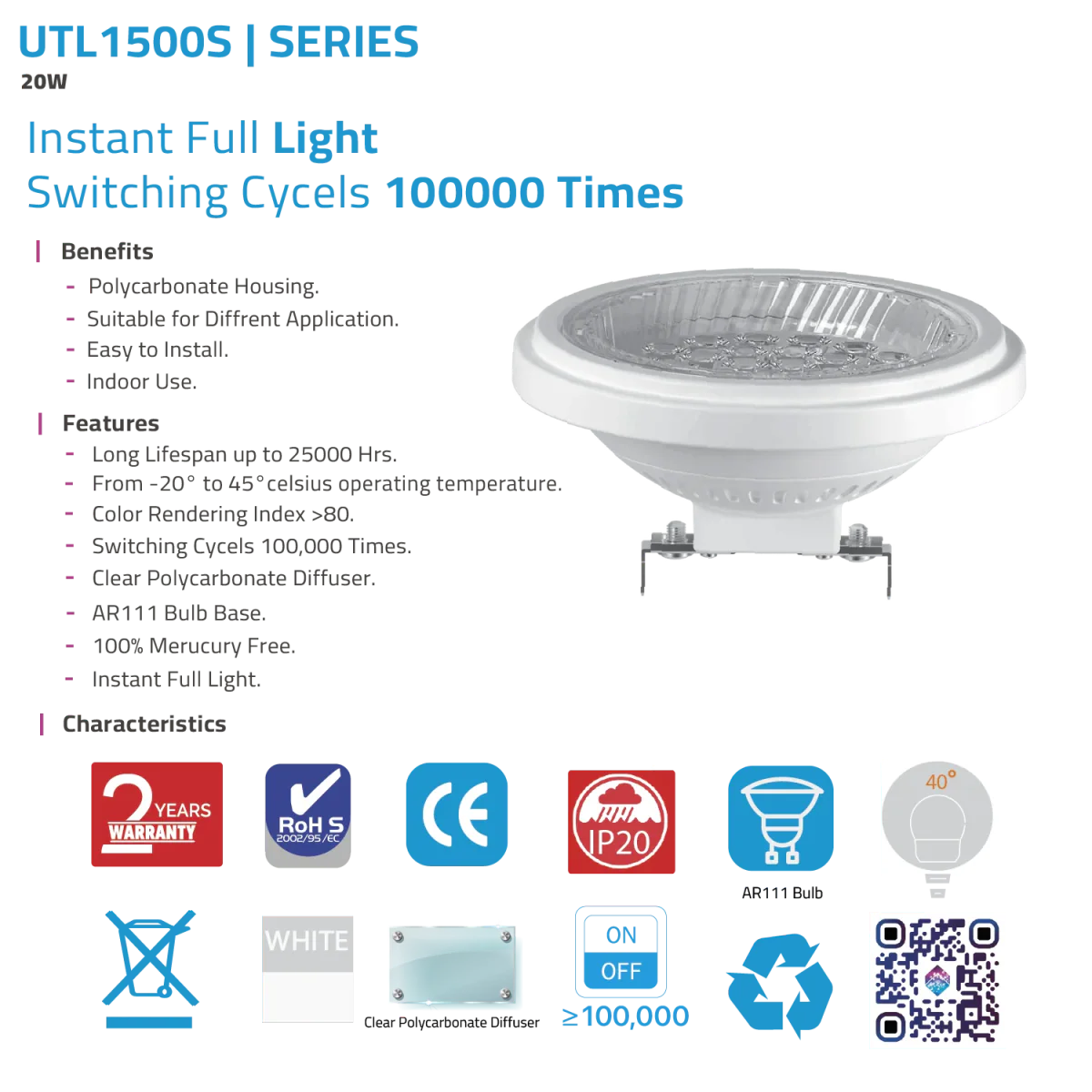 Ultra Light Indoor LED AR111 Bulb 20W 12V (UTL1500S) - Image 5