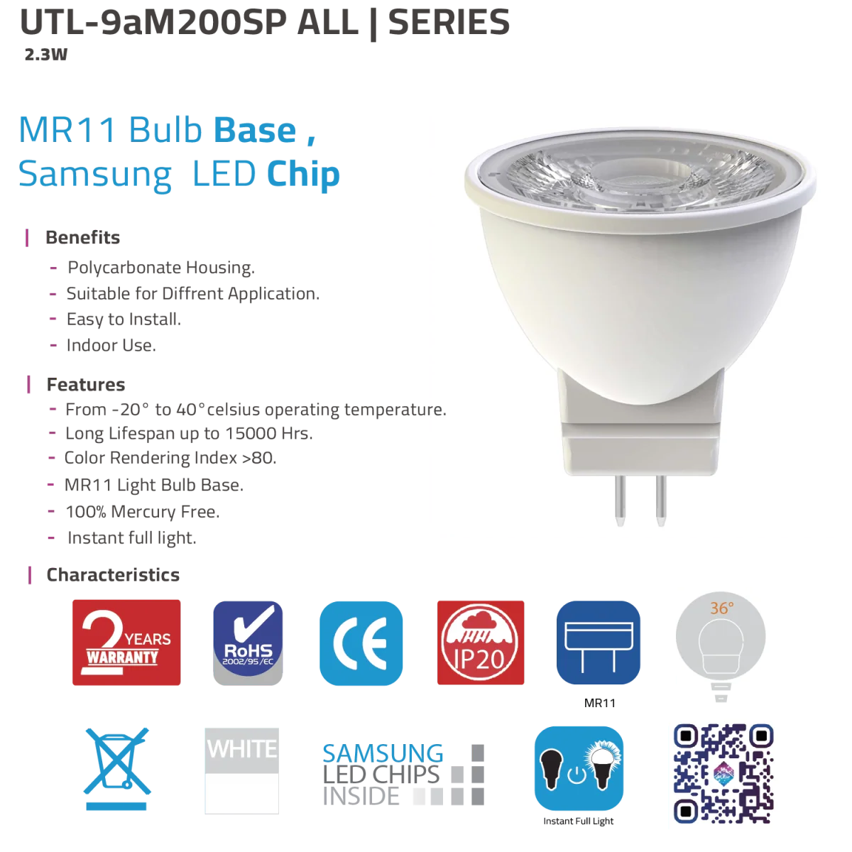 Ultra Light LED MR11 Bulb 2.3W - Compact Efficiency and Samsung LED Chip (UTL-9aM200SP) - Image 3