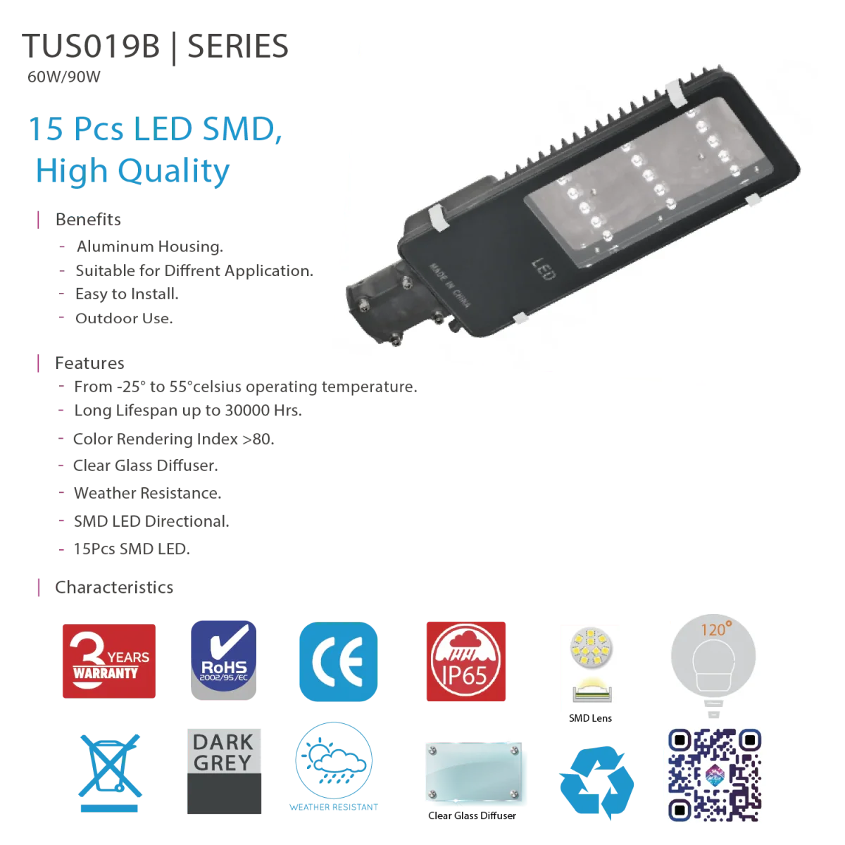 Ultra Light LED Street Light, 60W – 90W, IP65 Aluminum Housing (TUS019B) - Image 5