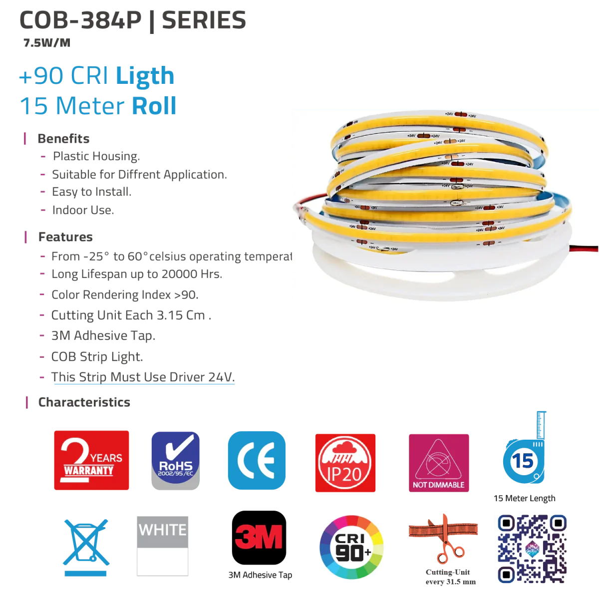 Ultra Light COB LED Strip Light - 15m - High CRI >90 (COB-384P) - Image 7