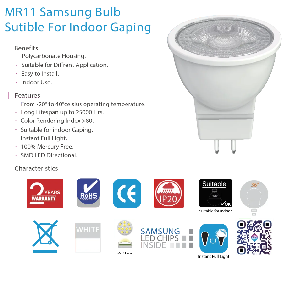 Ultra Light Small LED Bulb | MR11 Samsung LED 2W Indoor (UTL-14aM250ST) - Image 5