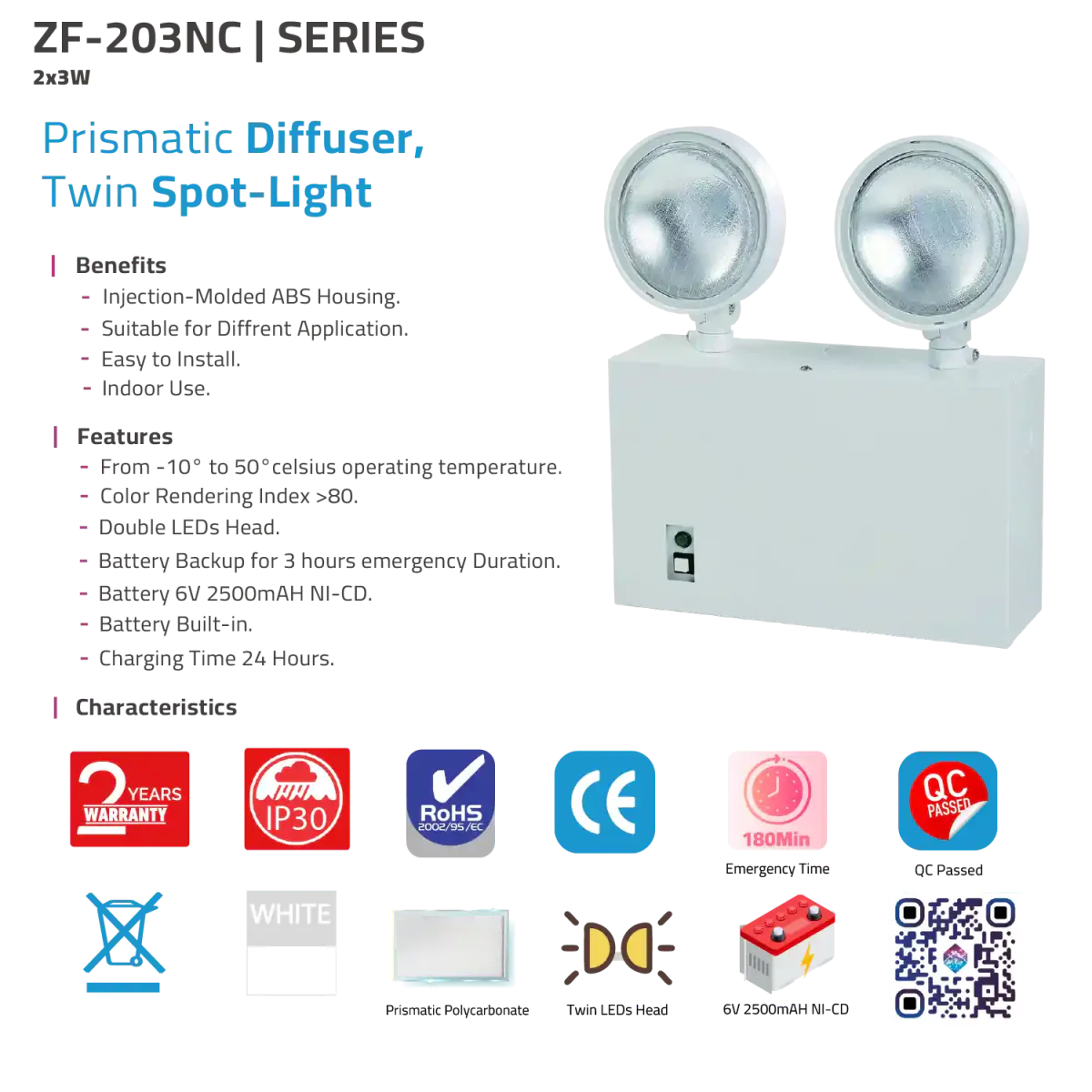 Emergency LED Light – Twin Spot, Battery Rechargeable, Indoor Safety (ZF-203NC) - Image 3