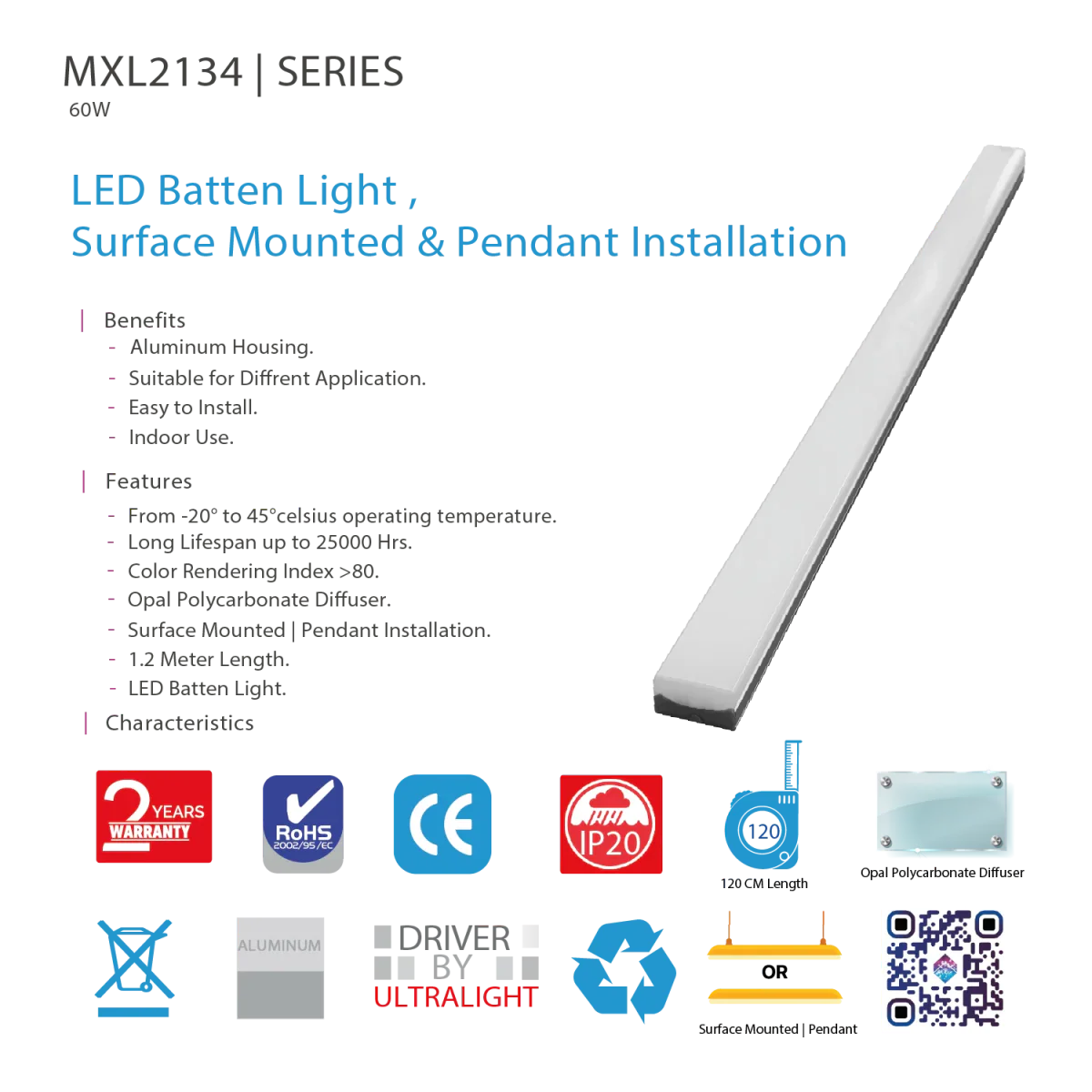 Ultralight LED Batten Light 1.2 Meter 60W (MXL2134) - Image 4