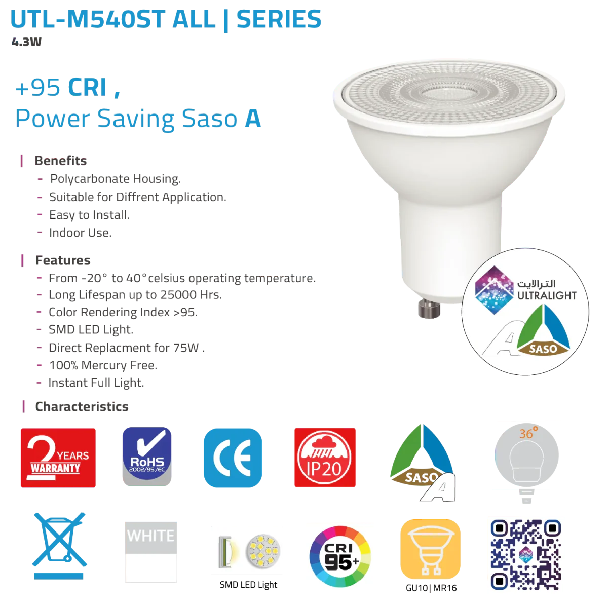 Ultralight LED Bulb Light 4.3W - GU10 Base - CRI>95 (UTL‑M540ST) - Image 3