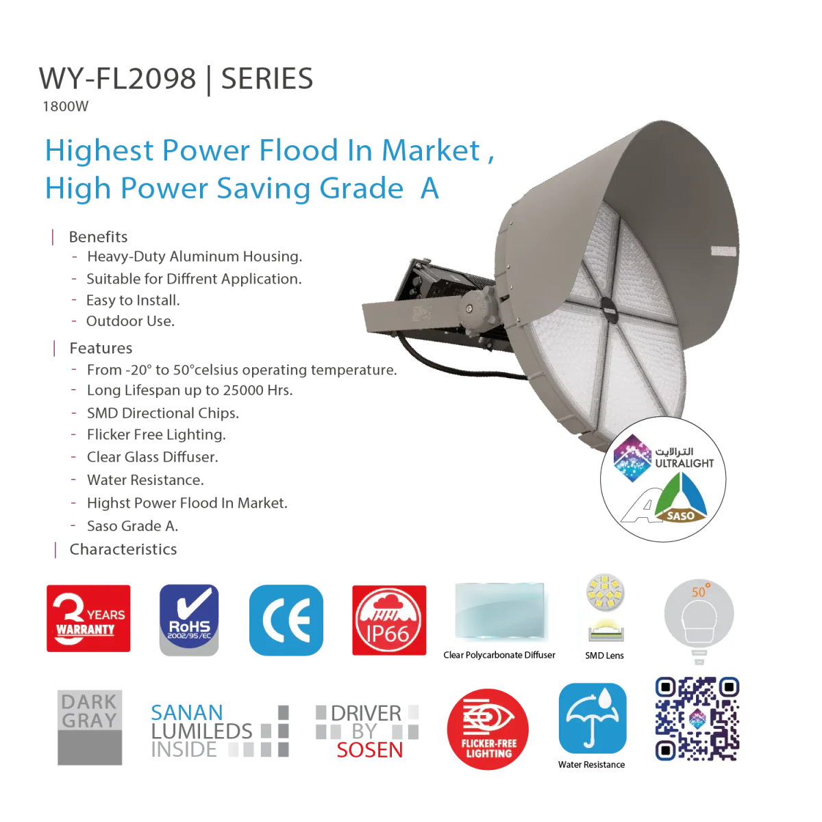 Ultralight LED Flood Light - Highest Power Flood in Market 1800W (WY-FL2098) - Image 5