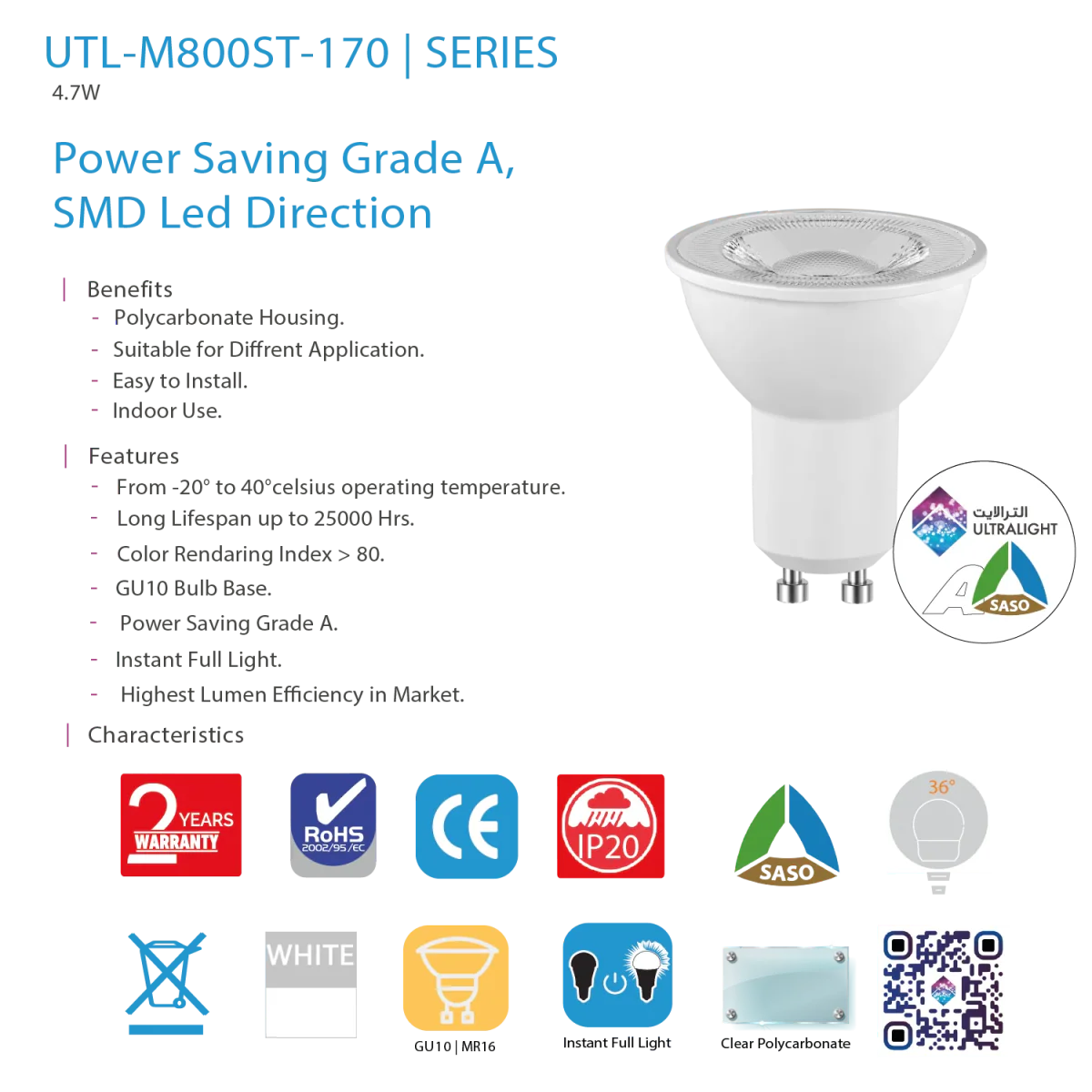 Ultralight LED Bulb 4.7W GU10 - Most Efficient Lighting 170 lm/W (UTL-M800ST-170) - Image 6