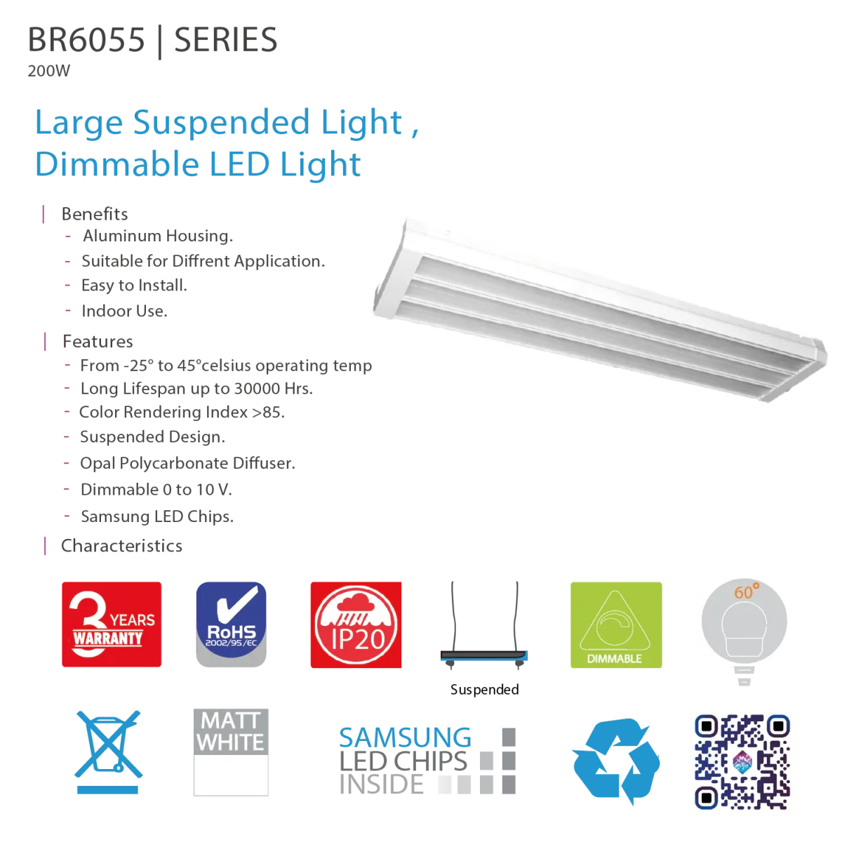 Ultralight LED Pendent Light 200W - Dimmable - IP67 (BR6055) - Image 4