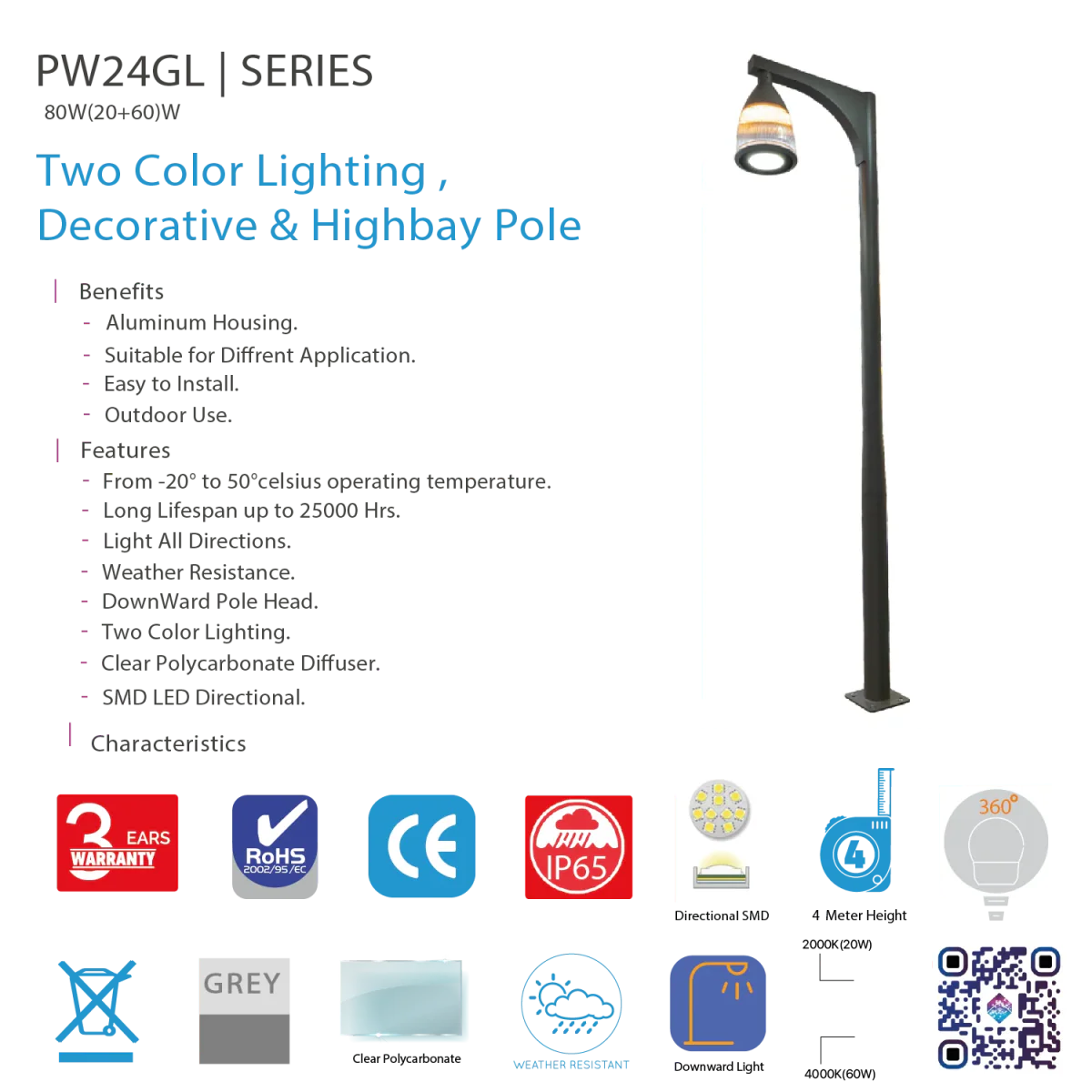 Ultralight LED Pole Light 80W IP65 (PW24GL) - Image 3