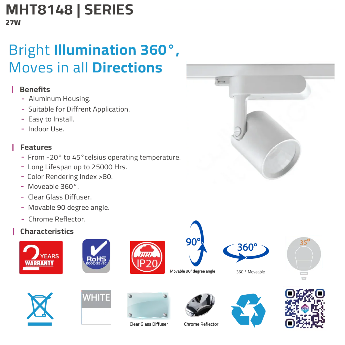 Ultralight LED Track Light 27W Adjustable 360° Indoor Spotlight (MHT8148) - Image 4