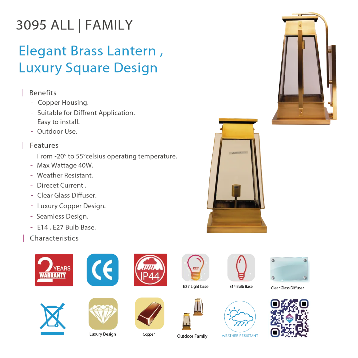 Ultralight Luxury Copper Outdoor Lantern  IP44 (3095) - Image 7