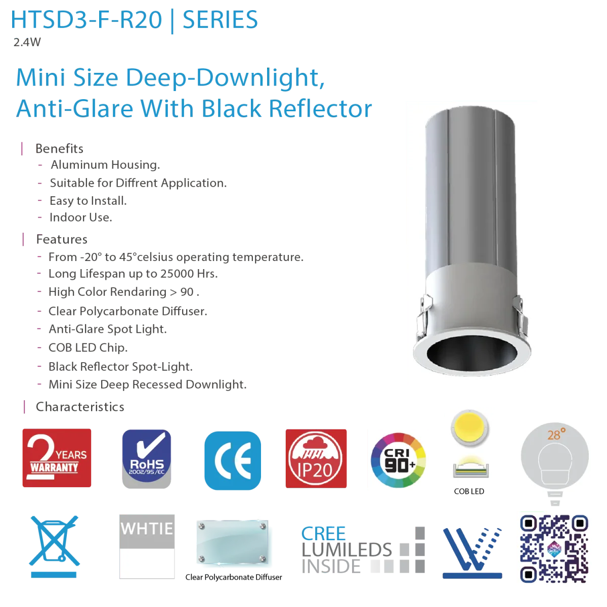 Ultralight Mini Anti-Glare Recessed LED Spot Light 2.4W CRI>90 (HTSD3-F-R20) - Image 4