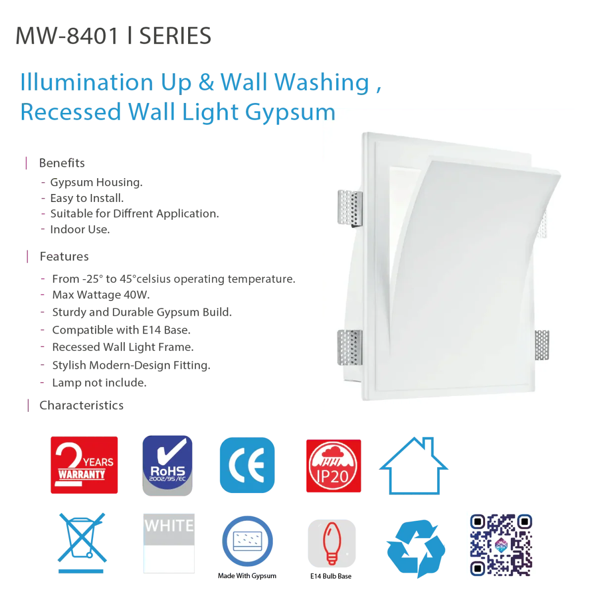 Ultralight Recessed Gypsum wall Light Frame E14 (MW-8401) - Image 6