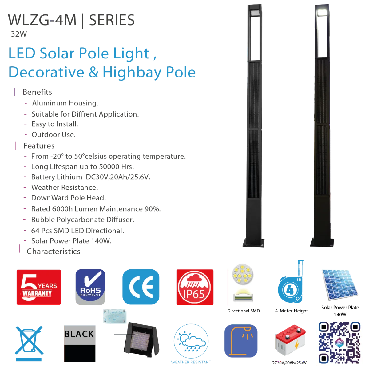 Ultralight Solar Pole Light 4 Meter 32W IP65 (WLZG) - Image 4