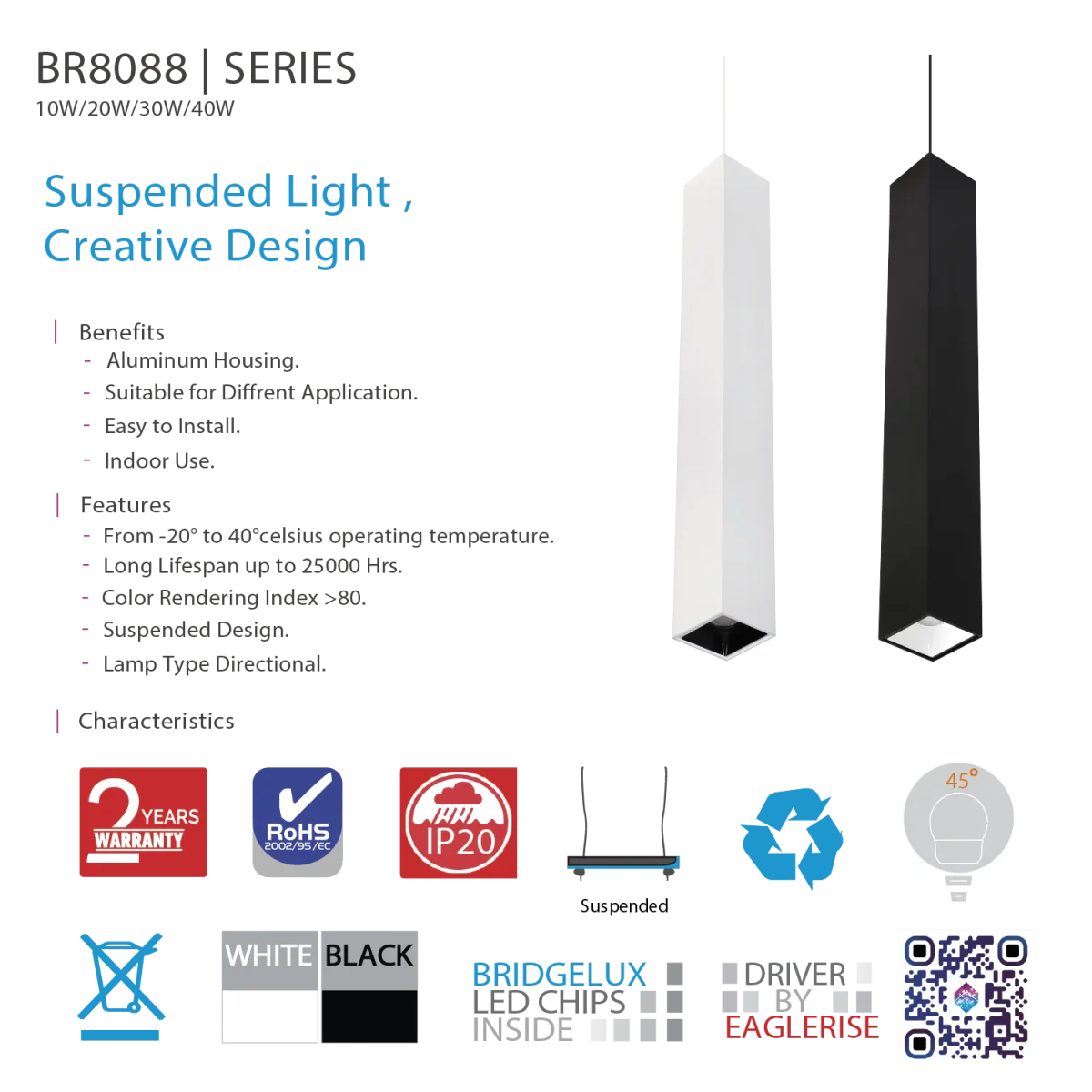 Ultralight Square Directional Pendant Light -20W Directional Fixture (BR8088-SQ) - Image 4