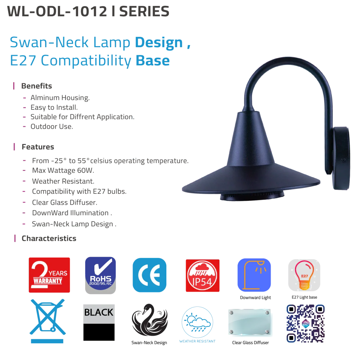 WALL LIGHT FRAME (WL-ODL-1012) – Outdoor Aluminum Swan-Neck Light with E27 Base, Clear Glass Diffuser, IP54, Black - Image 7